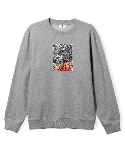 Poetic Collective – Burning Skull Crewneck Heather Grey 1